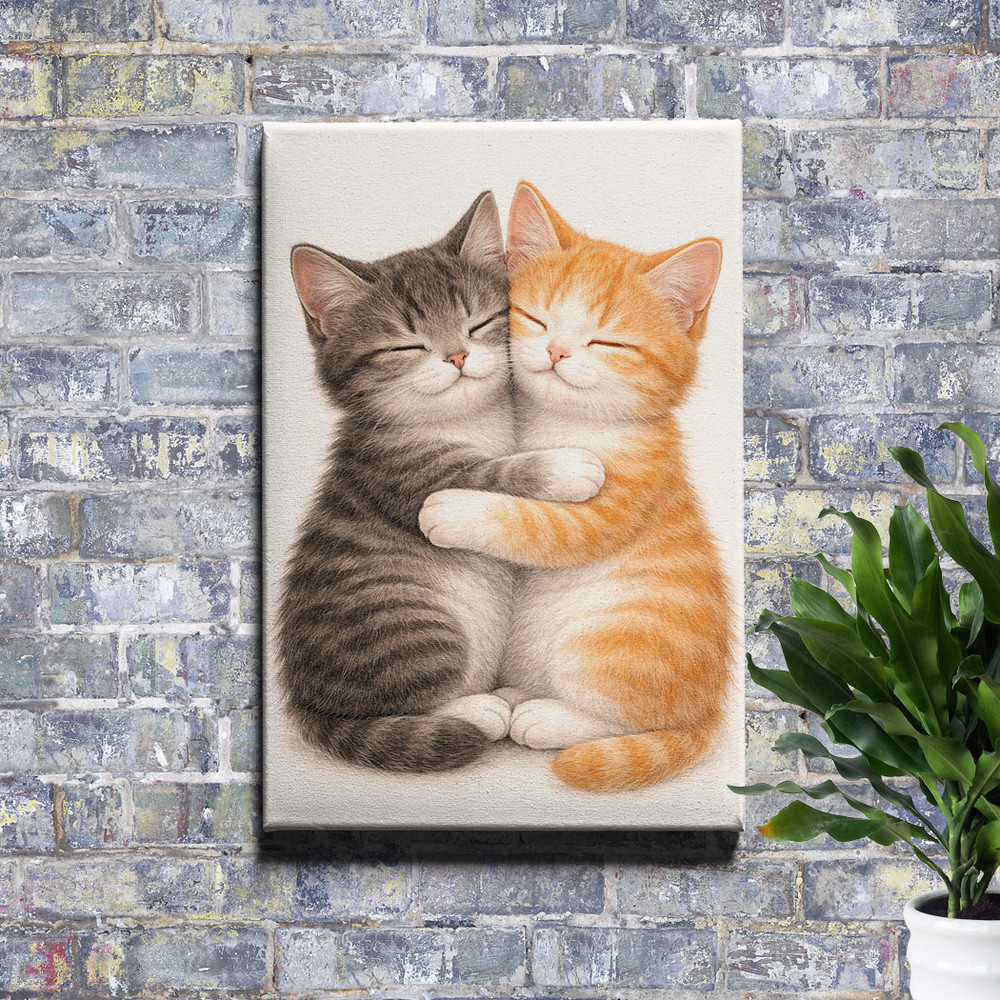 Modern Minimalist Two Cats Painting Gray Orange Tabby Framed Canvas Art