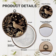 Vintage Bird Floral Framed Wall Art Decor, Gold Botanical Flower Round Canvas…