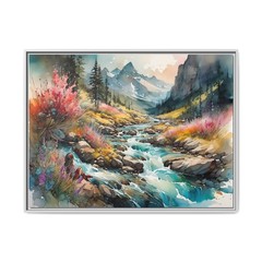 Montana Stream Trees Mountains Water A 3D Canvas Framed Matte Print Wildlife