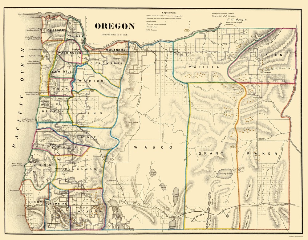 Historic State Map – Oregon – USGLO 1866 – Vintage Wall Art