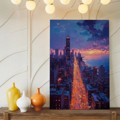 Cityscape Canvas Wall Art Chicago Skyline Sunset Illuminated Street Urban Print