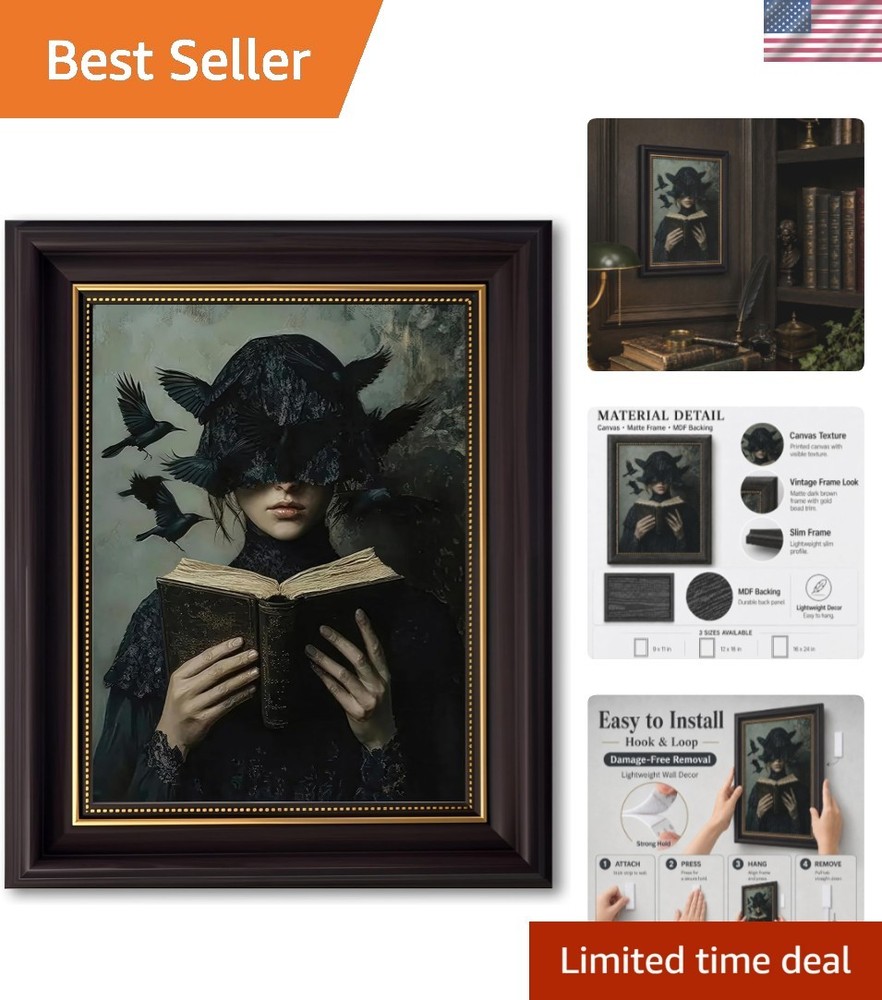 Dark Brown Framed Canvas Wall Art Gothic Victorian Woman Reading Book Damage-…