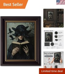 Dark Brown Framed Canvas Wall Art Gothic Victorian Woman Reading Book Damage-…