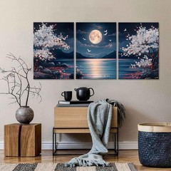 3 piezas de lienzo con diseño de flor de cerezo, luna y lago, arte pared 12 x 16