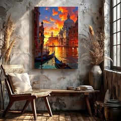 Canvas Venice Canal Sunset Gondola Cityscape Italian Architecture Poster Print