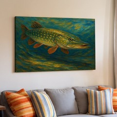 Large Northern Pike Fish Canvas Wall Art Rustic Fishing Lake House Decor Print
