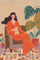 Woman With Cat in Living Room With Warm Earth Tones Poster, Wall Art Decor
