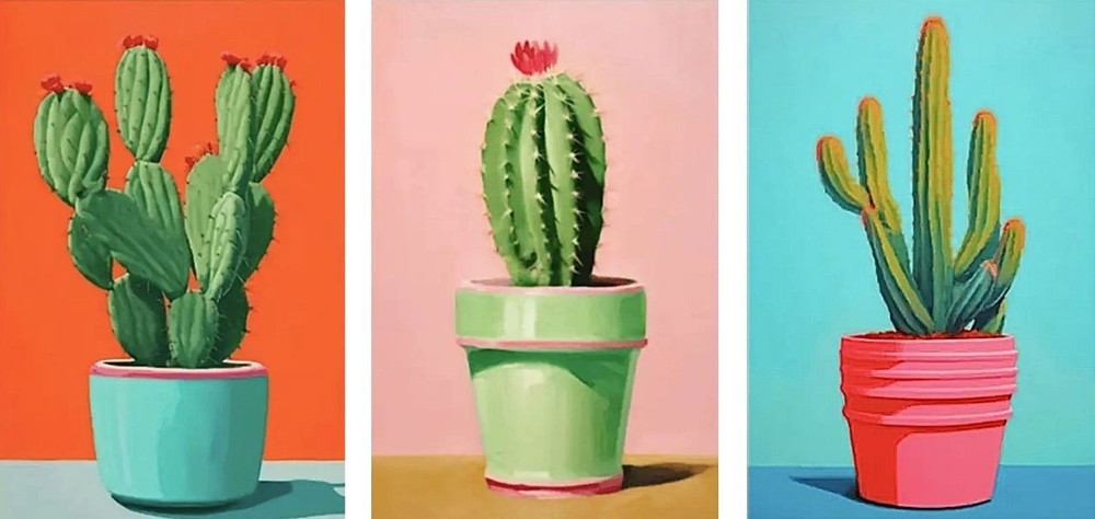 Vibrant 16″L x 12″W Triptych 3 Potted Cacti Cactus Unframed Canvas Art Prints