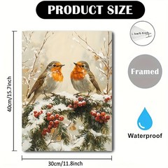 Winter Robin Birds with Berries Canvas Wall Art, Christmas Home Decor