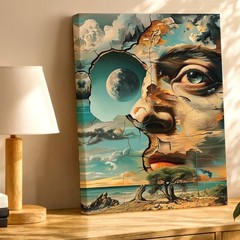 Wall Art Surreal Face Moon Ocean Landscape Canvas Print Dreamlike Modern Decor