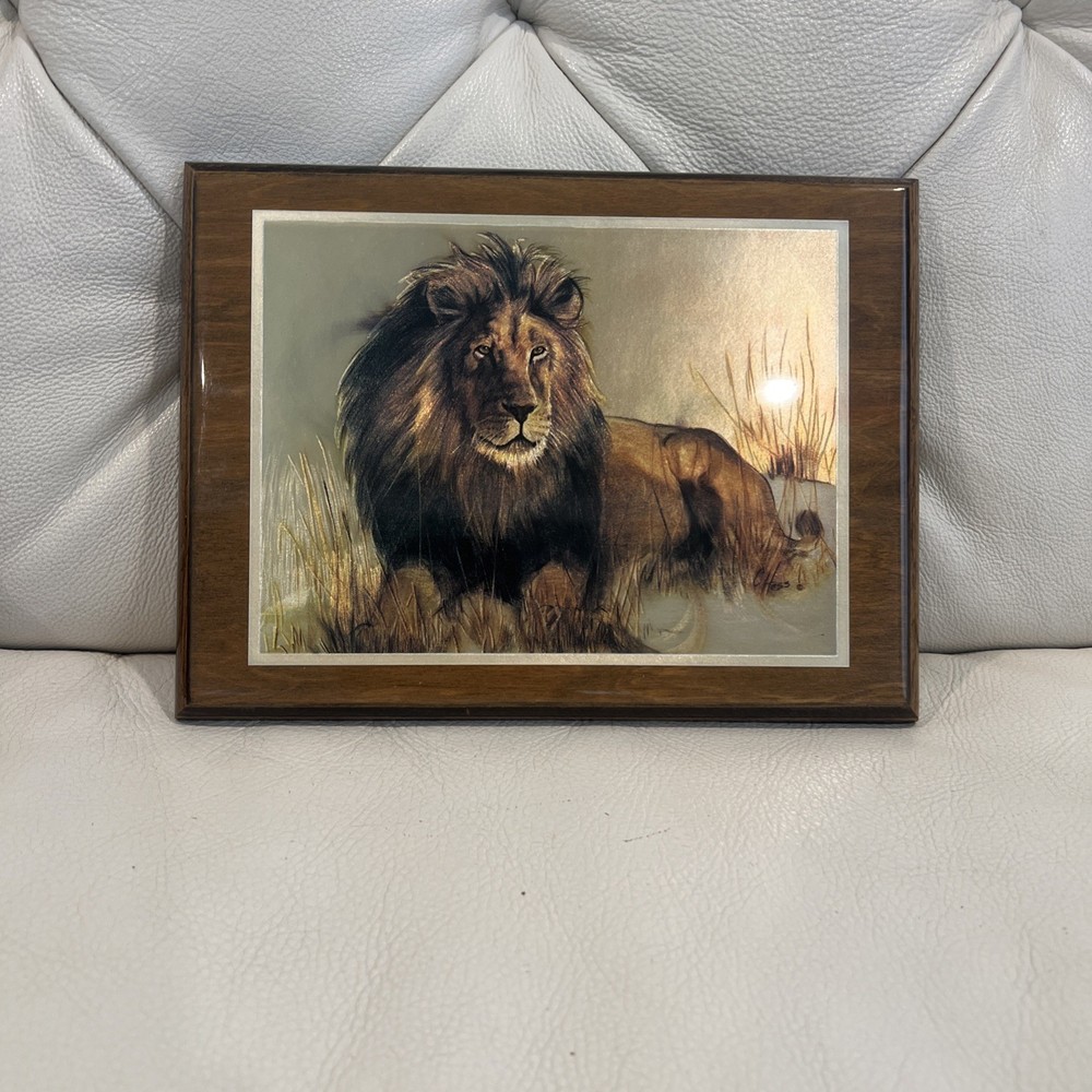 Rare Vintage Metallic Foil Lithograph Majestic Male Lion Wildlife Framed Decor