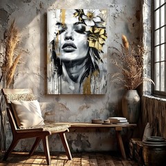 Wall Art Abstract Woman Face Floral Canvas Print Black White Gold Modern Decor
