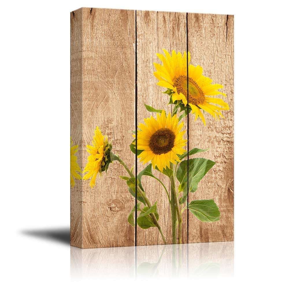 Tall Yellow Sunflowers Over Wood Panels – Nature – Canvas Art – 12×18 inches