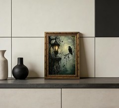Vintage Gold Framed Crow Canvas Wall Art Dark Academia Gothic Painting Pictur…