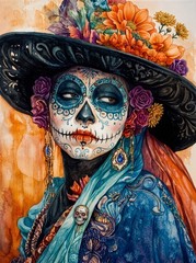 Sugar Skull Lady Poster, Day of the Dead Floral Wall Art Print, Boho Decor