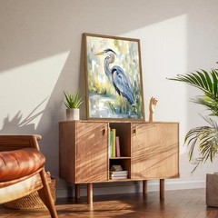 Framed Blue Heron Wall Art Watercolor Sea Bird Pictures Wall Decor 16″L x 12″W