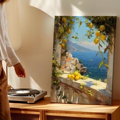 Wall Art Lemon Coastal Village Seascape Painting Mediterranean Window Decor
