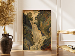 Waterfall Mountain Poster Asian Vintage Ink Drawing Wall Art Zen Decor Room Gift