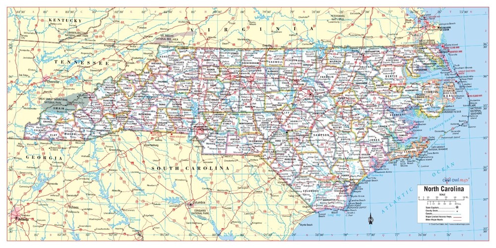 North Carolina State Wall Map Large Print Poster – 36″Wx18″H