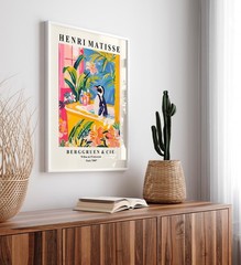 Penguin Bathtub Art Print, Matisse Style Tropical Bathroom Wall Decor Poster