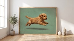 Golden Retriever Puppy Poster Running Dog Oil Painting Vintage Green Wall Art