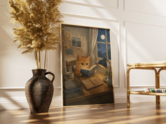 Whimsical Orange Cat Reading Book Poster Cottagecore Room Decor Cute Art Print