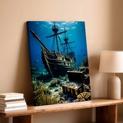 Wall Art Underwater Sunken Pirate Ship Treasure Chest Ocean Coral Canvas Print