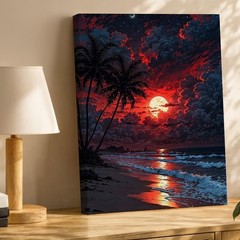 Red Moon Beach Night Canvas Art Tropical Palm Trees Ocean Waves Wall Decor Print