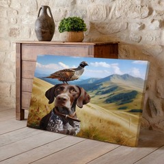 Dog with bird on head wildlife nature canvas wall art mountain landscape decor