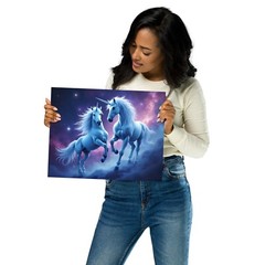 Magic Unicorns Poster, 2 Playful Blue Horses Art Kids Purple Playroom Wall Print