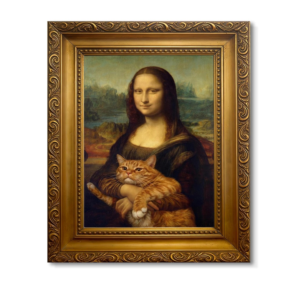 Funny Mona Lisa Cat Wall Art, Vintage Renaissance Mona Lisa Holding Orange Ta…