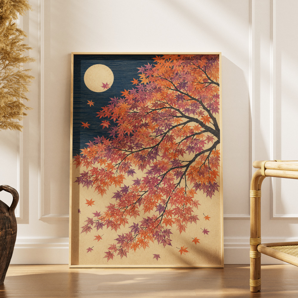 Japanese Autumn Maple Tree Moon Poster Vintage Ukiyo-e Woodblock Art Print Decor