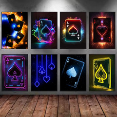 Poker Cards Neon Art Poster Canvas Printing Poker Wall Decor Card Gaming Room Ae