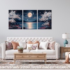 3 piezas de lienzo con diseño de flor de cerezo, luna y lago, arte pared 12 x 16