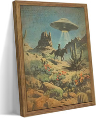 Framed Vintage Intergalactic Western Canvas Wall Art, Alien UFO Abducting Cowboy