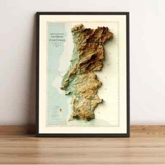 Portugal Map, Portugal 2D Relief Map, Portugal Vintage Map – 2D Flat Print