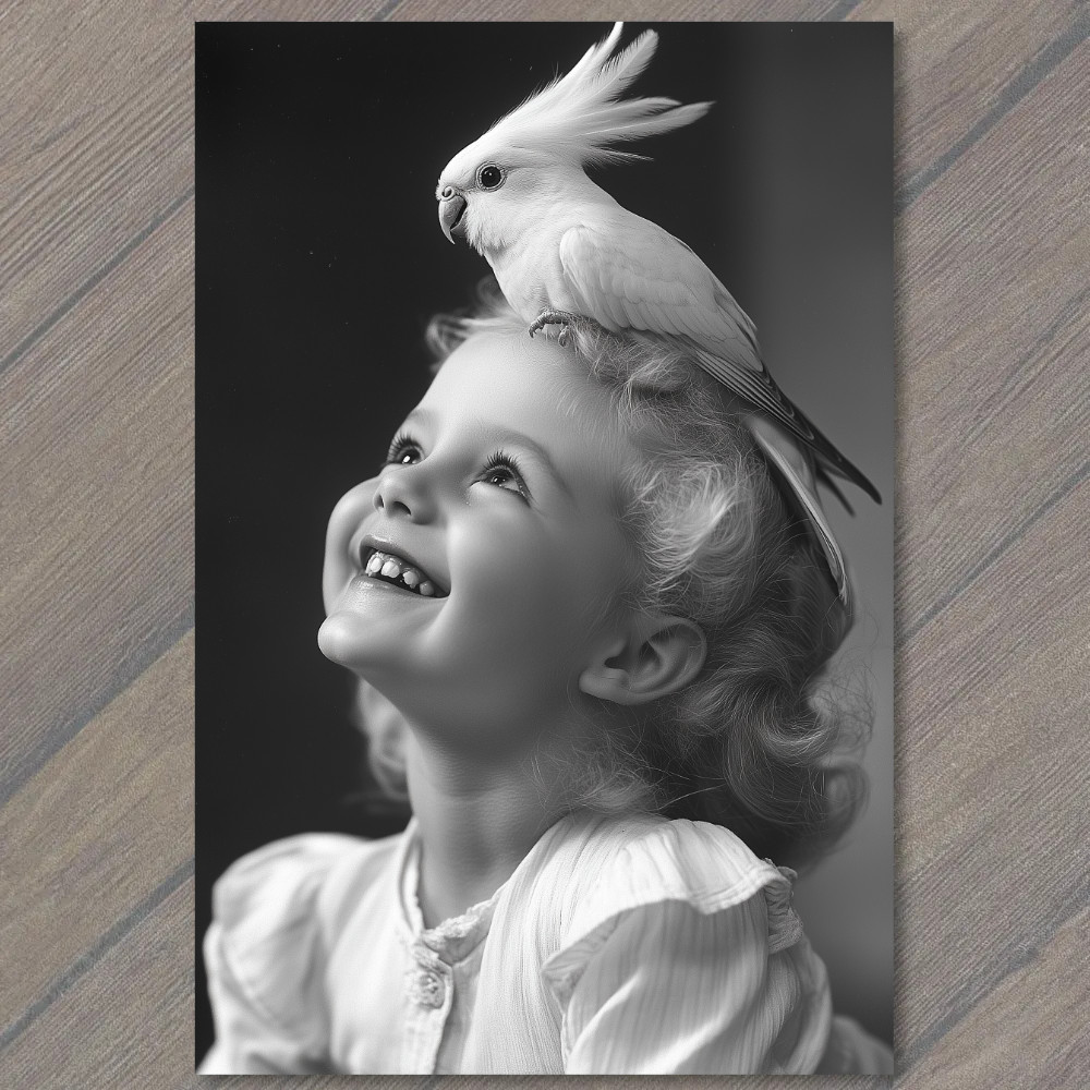 Art Print Girl Smiling Bird Joyful Cute Nostalgic Charming Retro Style Whimsica