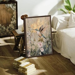 Vintage Floral Framed Wall Art, Hummingbird Gold Foil Style Canvas Prints for…