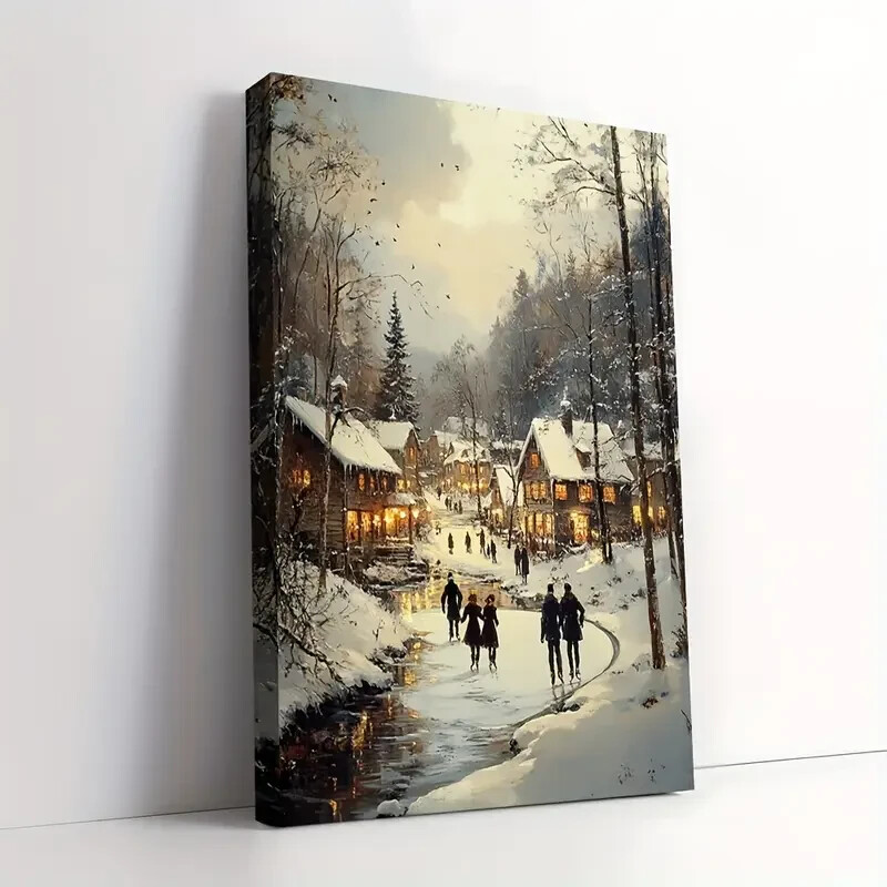 Framed Canvas Children Ice Skating In Snowy Wall Art – Perfect for Living Room