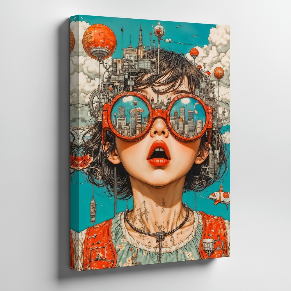 Surreal Urban Cityscape Glasses Girl Canvas Wall Art Modern Fantasy Print Home