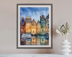 Canals of Amsterdam Cityscape Watercolor Painting Print
