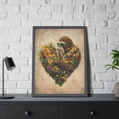 Vintage BIGFOOT HEART Wall Art, SASQUATCH Botanical Decor, Cryptid Flower Poster