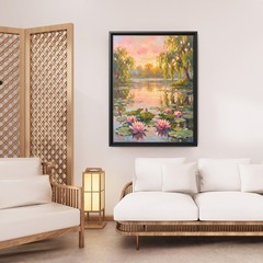 Monet Style Water Lilies Painting, Impressionist Sunset Pond Art, Dreamy Floral