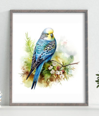 Budgie Wall Art Print, Blue Parakeet On a Branch Art Print, Wall Art Decor