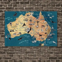 Australia Wildlife Illustrated Map Framed Canvas, Teal Travel Nature Wall Decor
