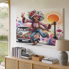 Bohemian Hippie Grandma Canvas Wall Art Colorful VW Bus Guitar Peace Vibes Print