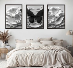 Black Butterfly Wall Art Set of 3 White Flowers Canvas Modern Floral Decor