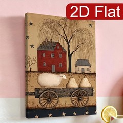 Primitive Farmhouse Sheep and Cart Canvas Wall Art, Rustic Country Home Decor