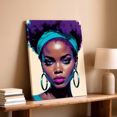 Wall Art African American Woman Portrait Canvas Print Purple Afro Modern Decor