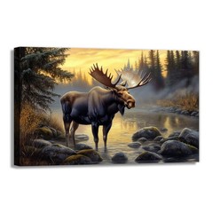 Moose Canvas Wall Art Vintage Wildlife Pictures Art Print Wilderness Forest L…